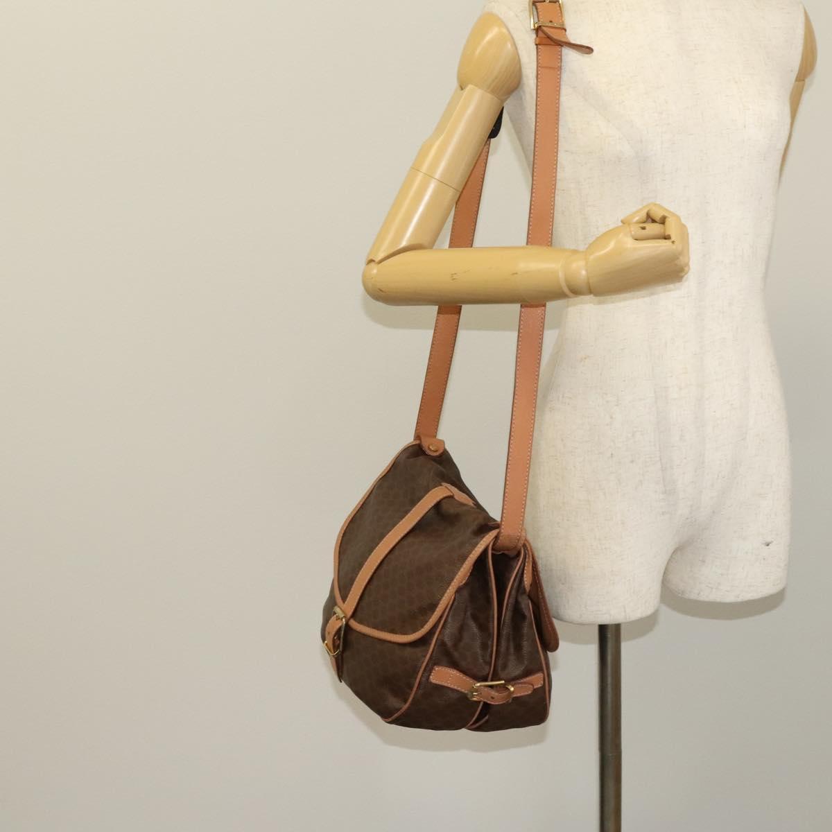 CELINE Macadam Canvas Shoulder Bag PVC Leather Brown Gold Auth SW988