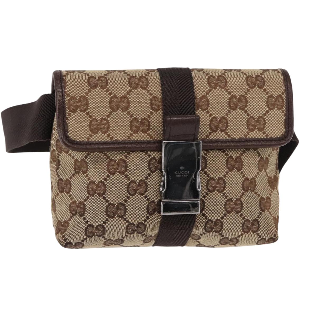 GUCCI GG Canvas Waist Bag Beige Silver 131236 Auth tb1255