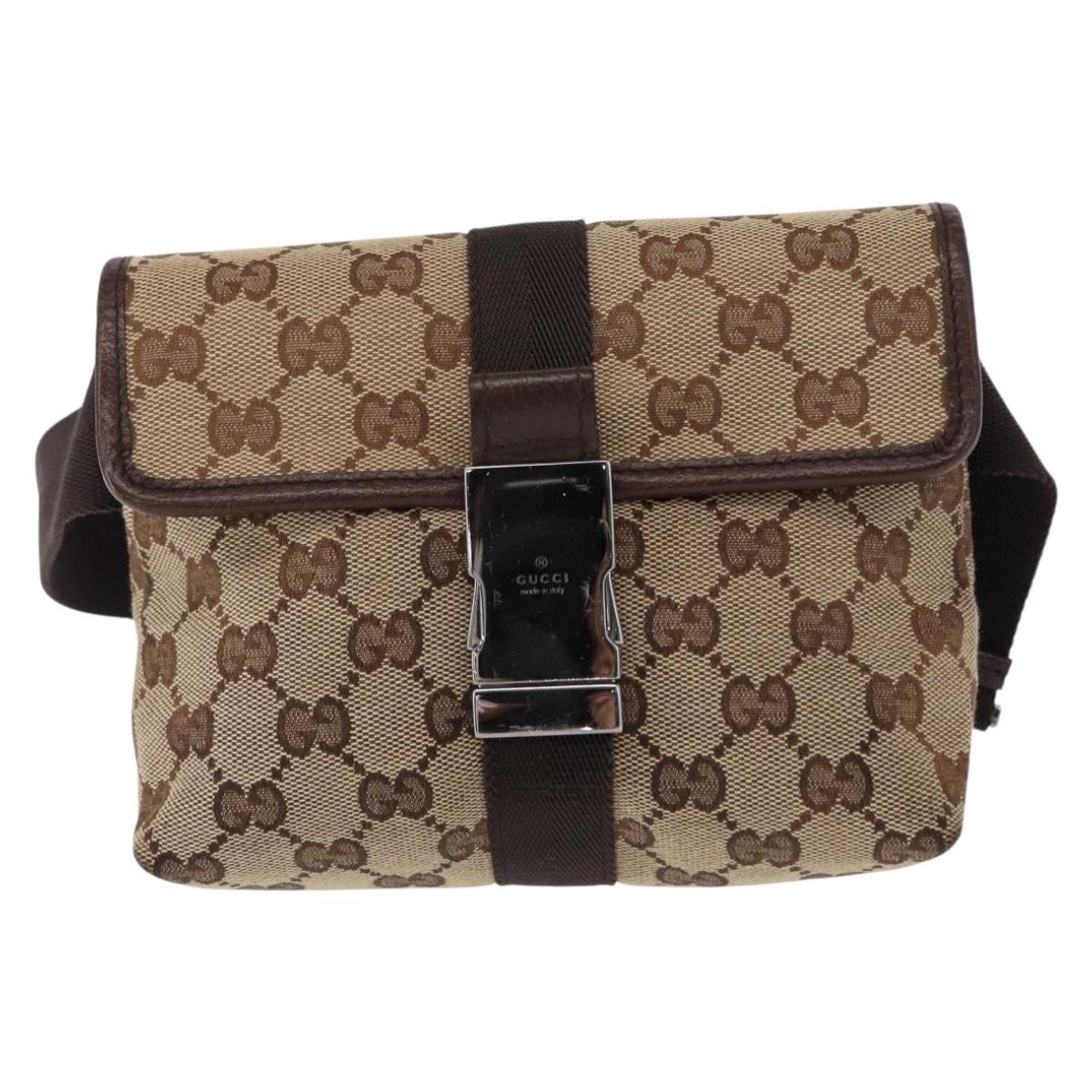 GUCCI GG Canvas Waist Bag Beige Silver 131236 Auth tb1255