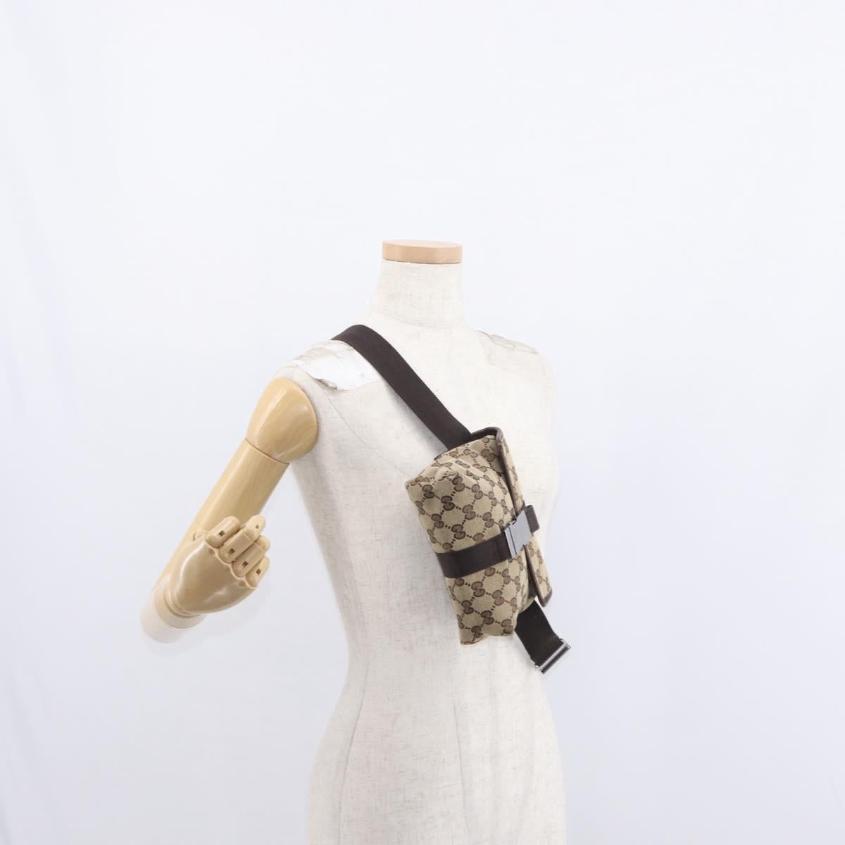 GUCCI GG Canvas Waist Bag Beige Silver 131236 Auth tb1255