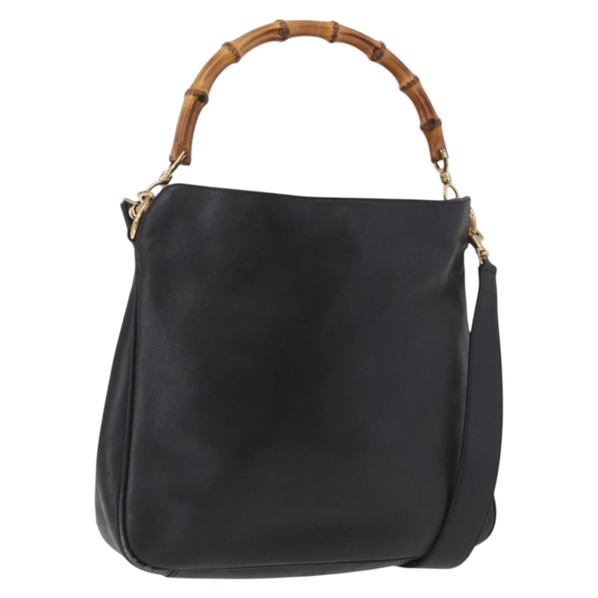 GUCCI Bamboo Hand Bag Leather 2way Black Gold 001 1705 1638 Auth th5549