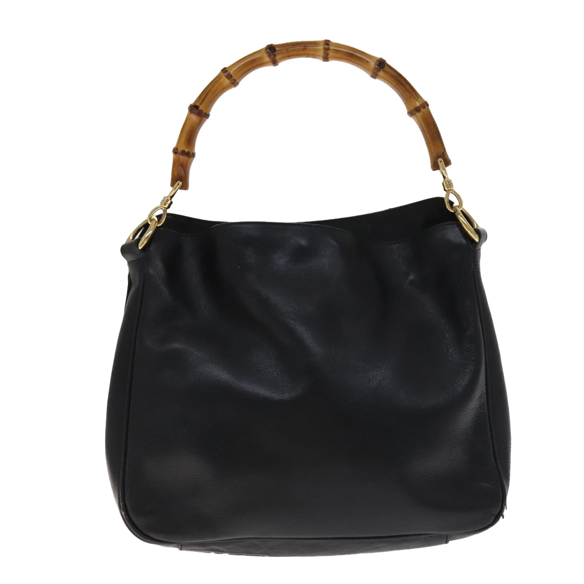 GUCCI Bamboo Hand Bag Leather 2way Black Gold 001 1705 1638 Auth th5549