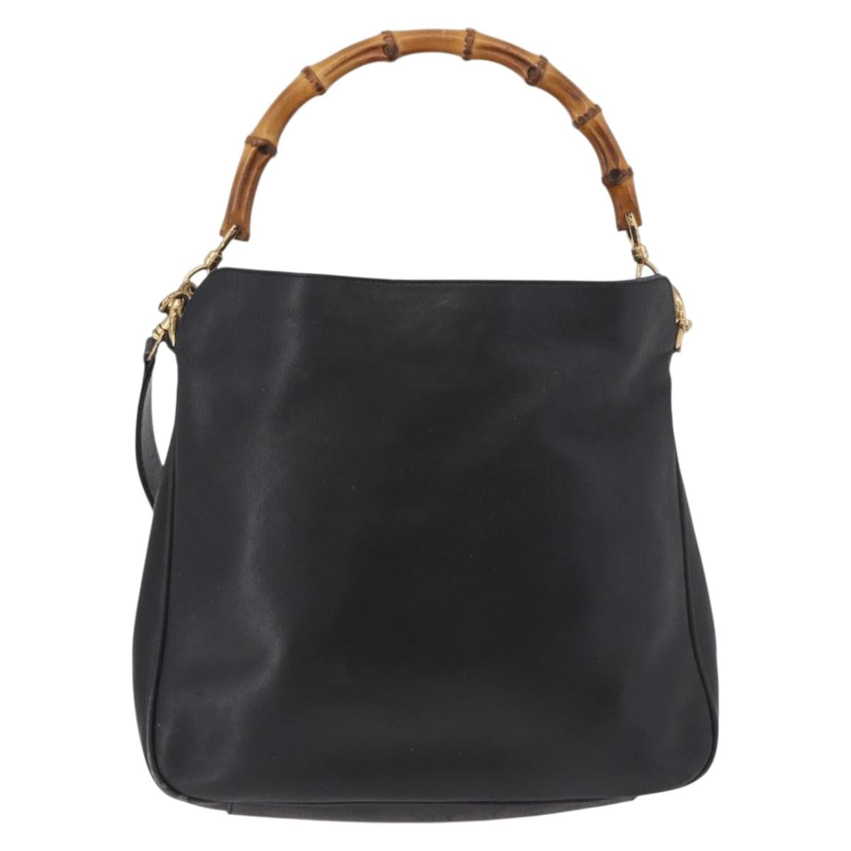 GUCCI Bamboo Hand Bag Leather 2way Black Gold 001 1705 1638 Auth th5549