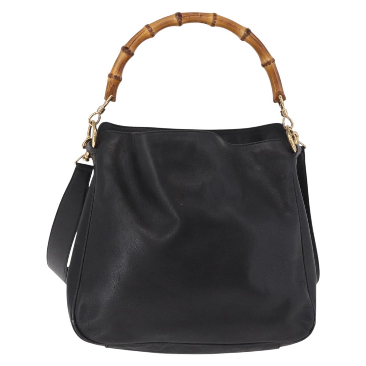 GUCCI Bamboo Hand Bag Leather 2way Black Gold 001 1705 1638 Auth th5549
