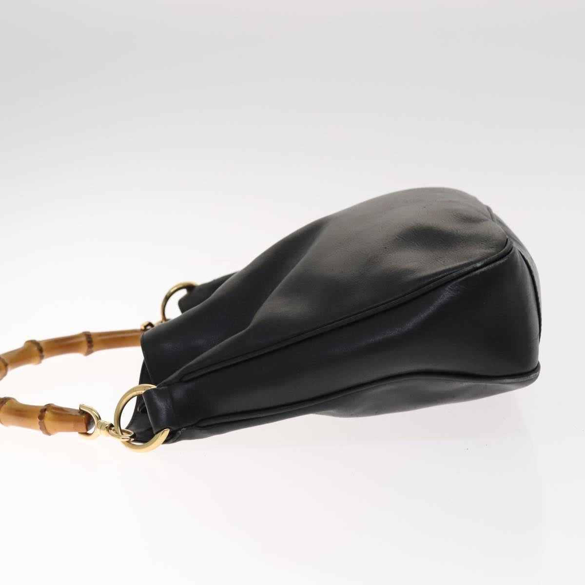 GUCCI Bamboo Hand Bag Leather 2way Black Gold 001 1705 1638 Auth th5549