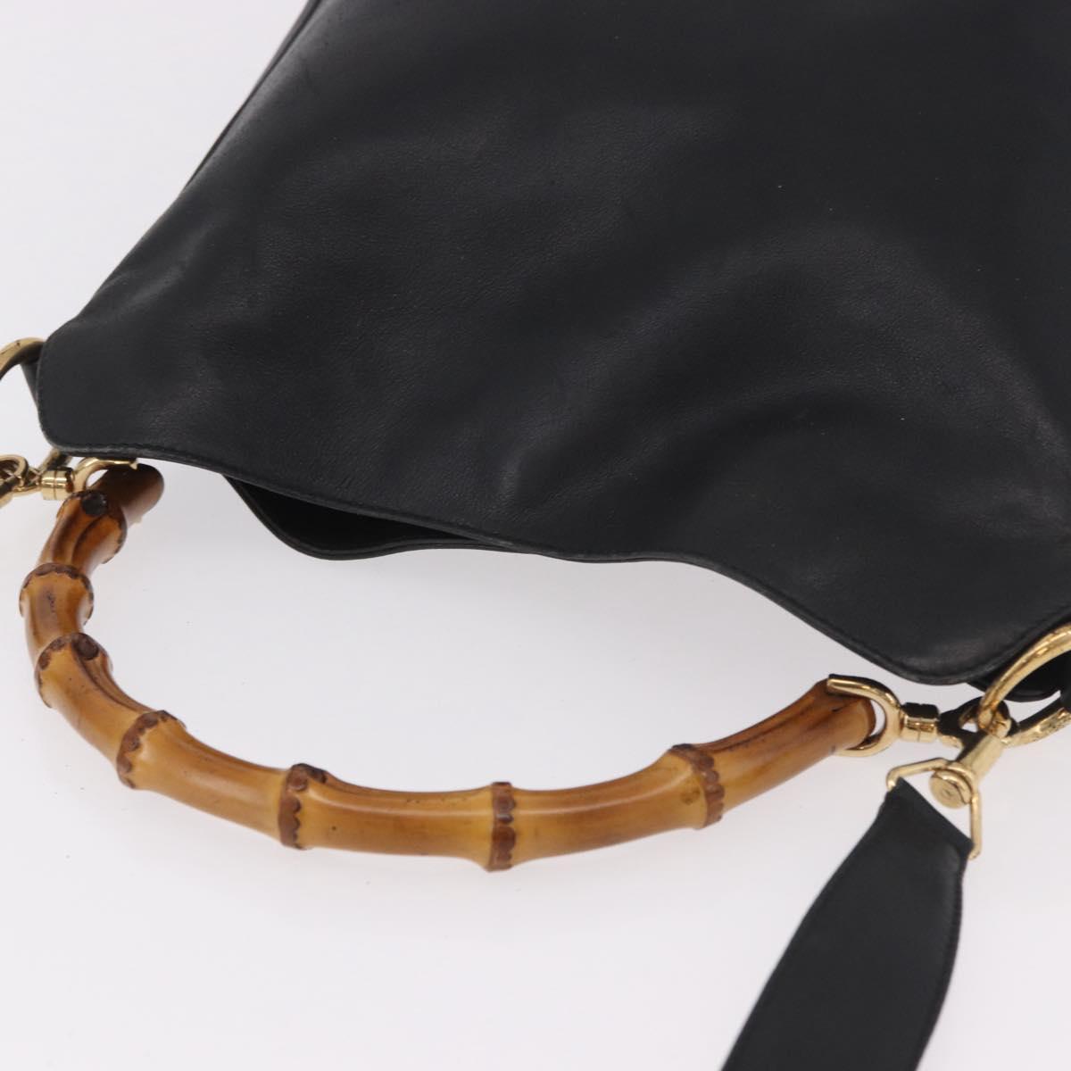 GUCCI Bamboo Hand Bag Leather 2way Black Gold 001 1705 1638 Auth th5549