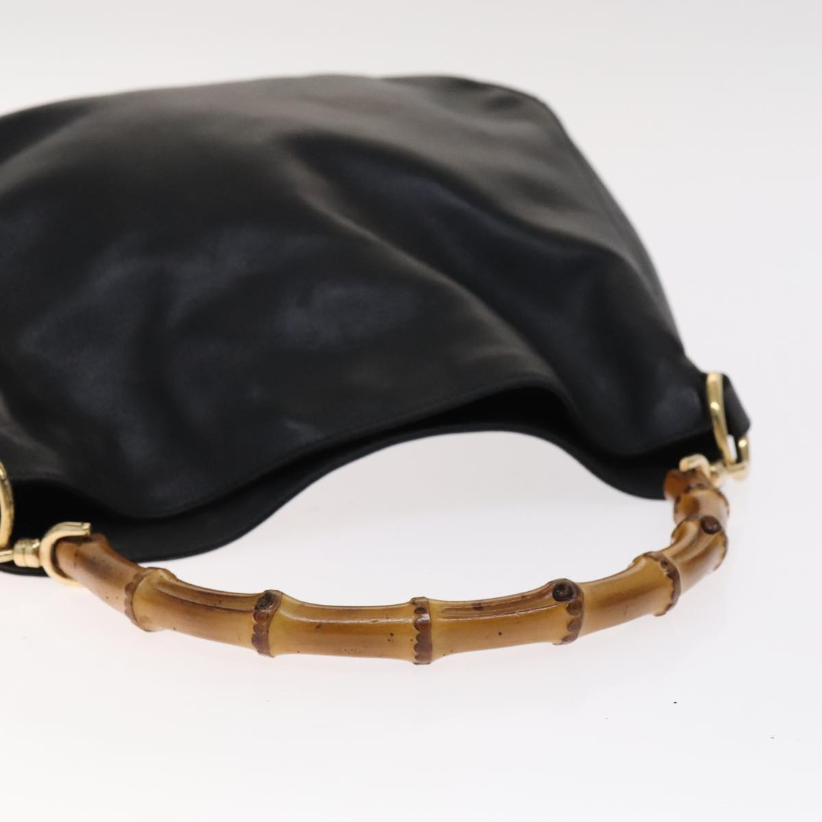 GUCCI Bamboo Hand Bag Leather 2way Black Gold 001 1705 1638 Auth th5549