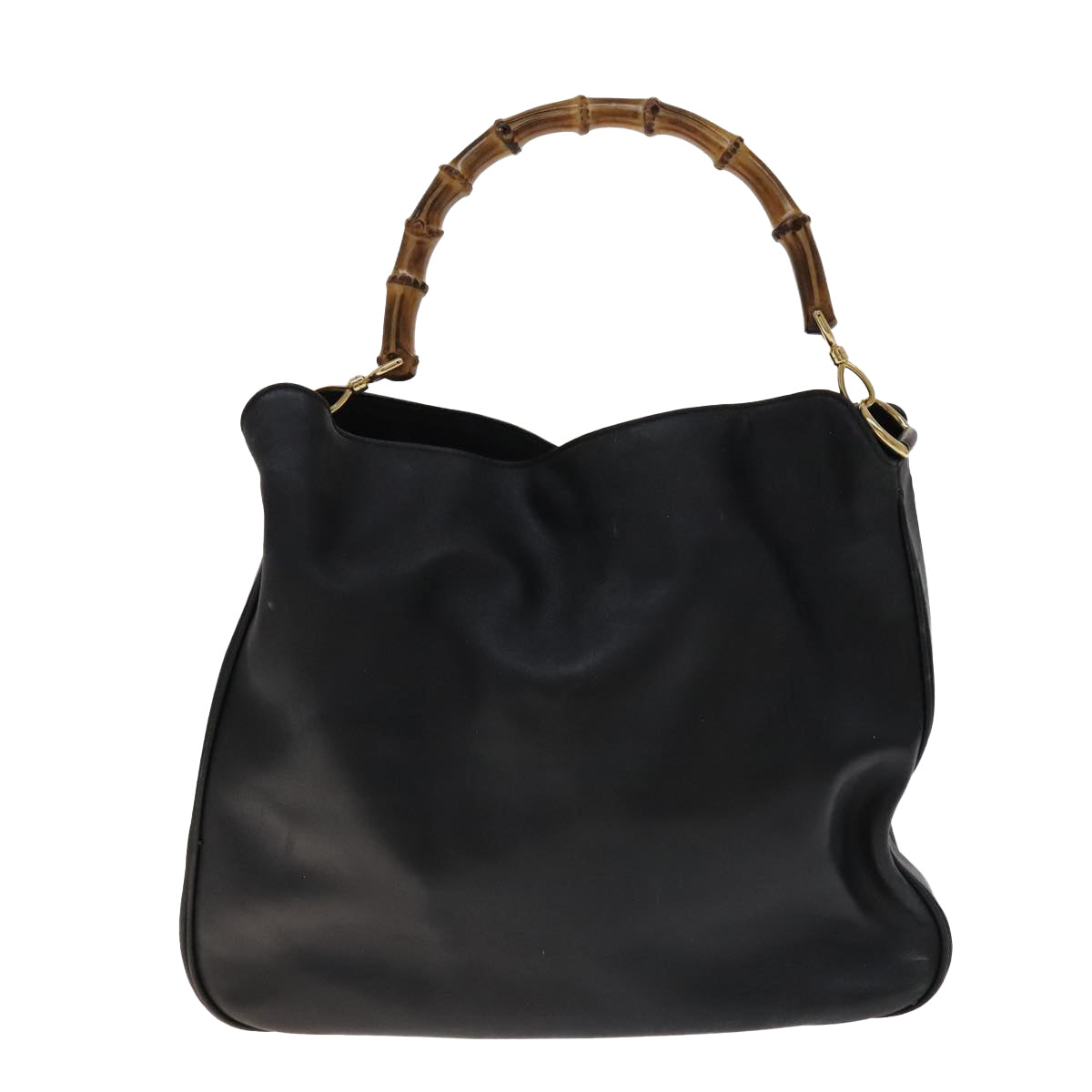 GUCCI Bamboo Hand Bag Leather 2way Black Gold 001 2113 1577 Auth th5555