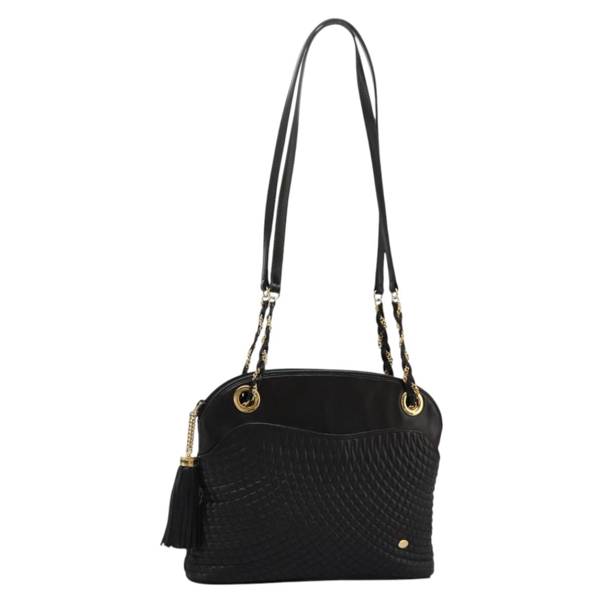 BALLY Chain Shoulder Bag Leather Black Gold Auth th5773