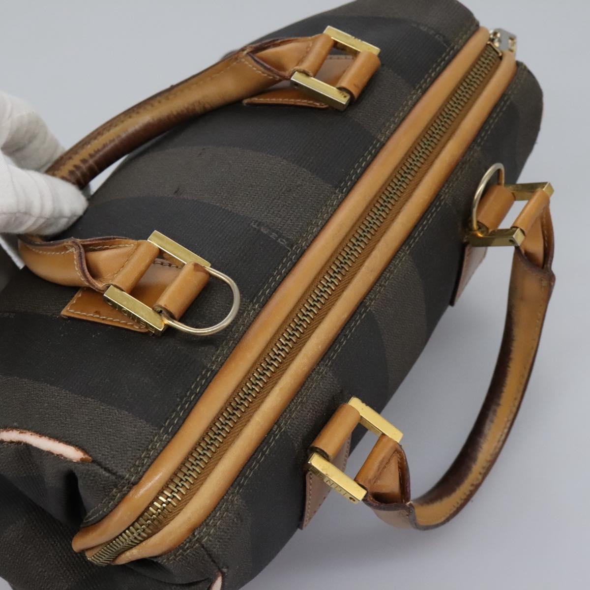 FENDI Pecan Canvas Hand Bag 2way Brown Black gold Auth th5780