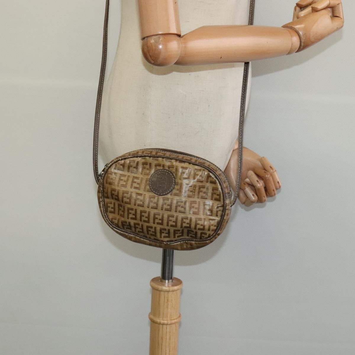 FENDI Zucchino Canvas Shoulder Bag PVC Brown Silver Auth th5785