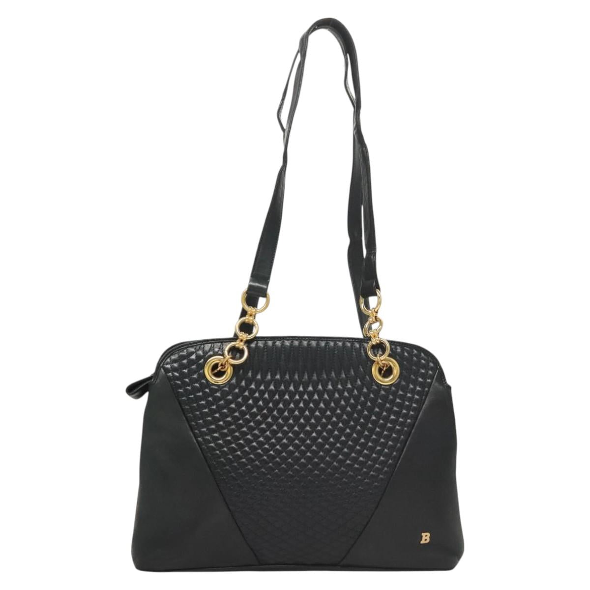 BALLY Quilted Shoulder Bag Leather Navy Gold Auth th6030