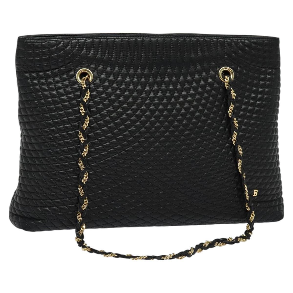 BALLY Quilted Chain Shoulder Bag Leather Black Gold Auth th6071