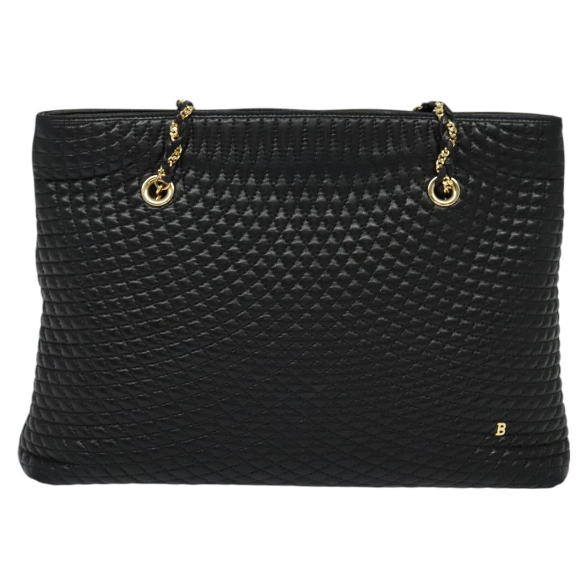 BALLY Quilted Chain Shoulder Bag Leather Black Gold Auth th6071