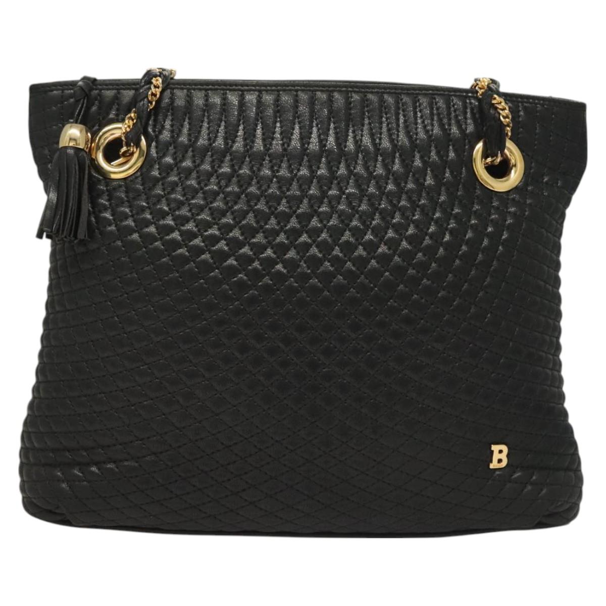 BALLY Chain Shoulder Bag Leather Black Gold Auth th6147