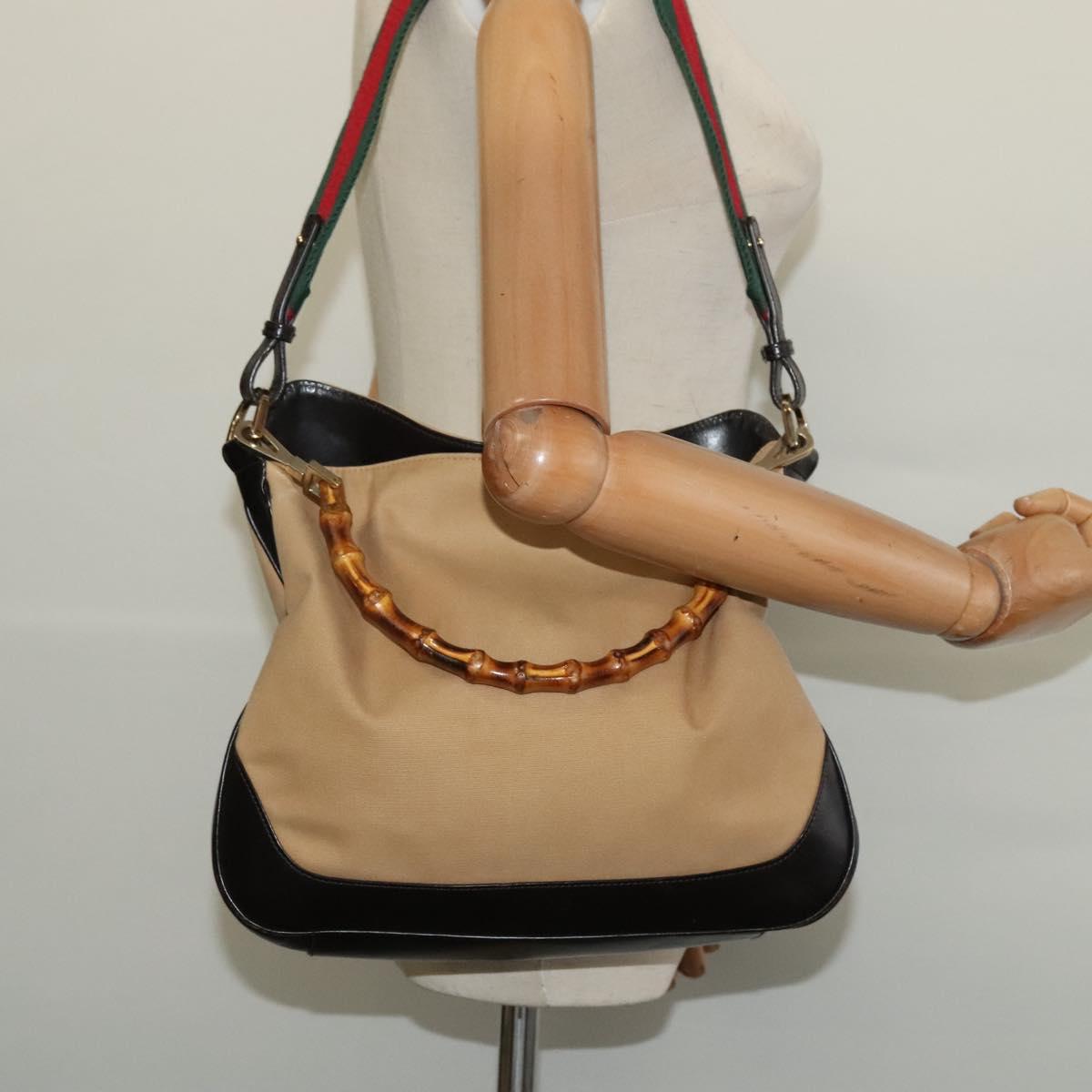 GUCCI Bamboo Web Sherry Line Bag Canvas 2way Beige Gold Red 001 4095 Auth th6182