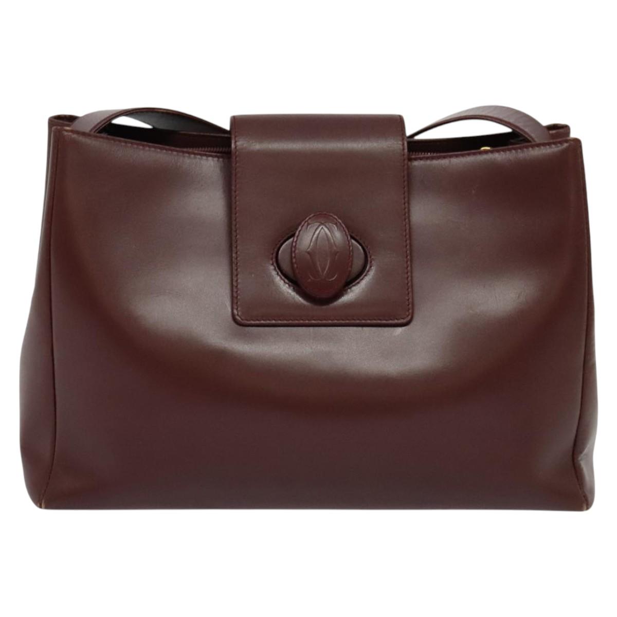 CARTIER Shoulder Bag Leather Bordeaux Gold Auth th6259