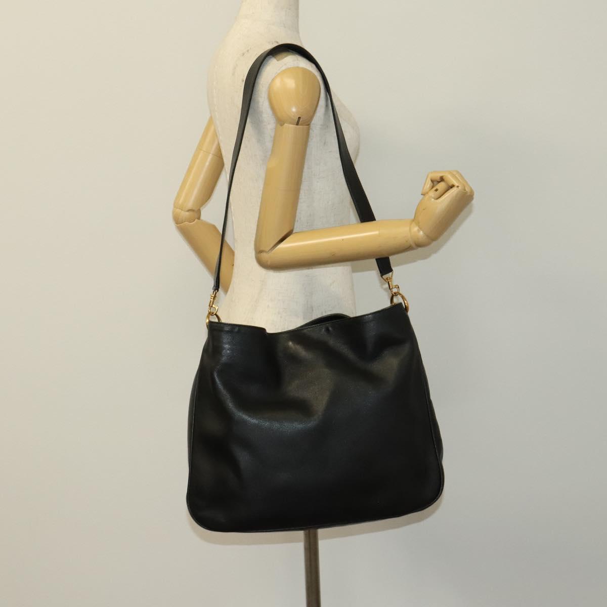 GUCCI Bamboo Hand Bag Leather 2way Black Gold 001 1731 1577 Auth th6271