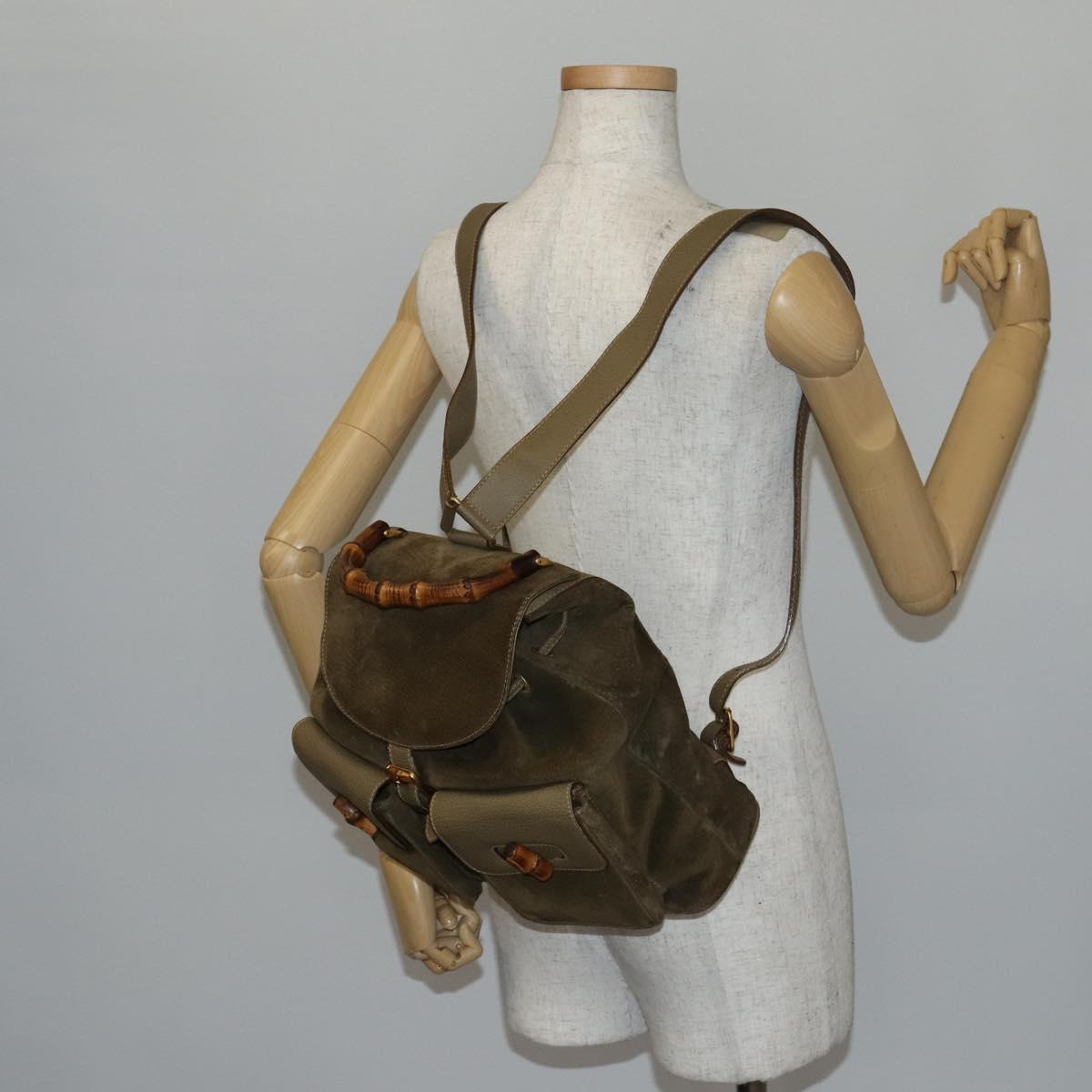 GUCCI Bamboo Backpack Suede Khaki Gold 003 2058 0016 Auth th6322