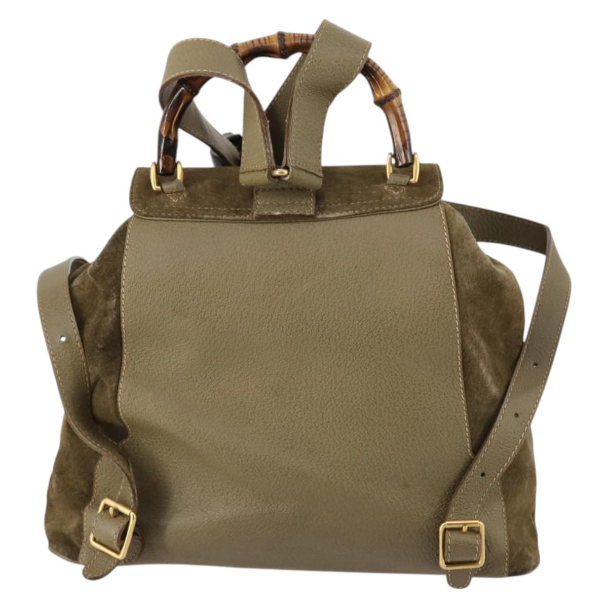 GUCCI Bamboo Backpack Suede Khaki Gold 003 2058 0016 Auth th6322