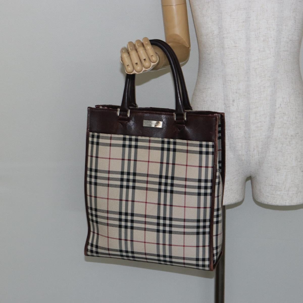 BURBERRY Nova Check Hand Bag Canvas Beige Silver Auth th6326