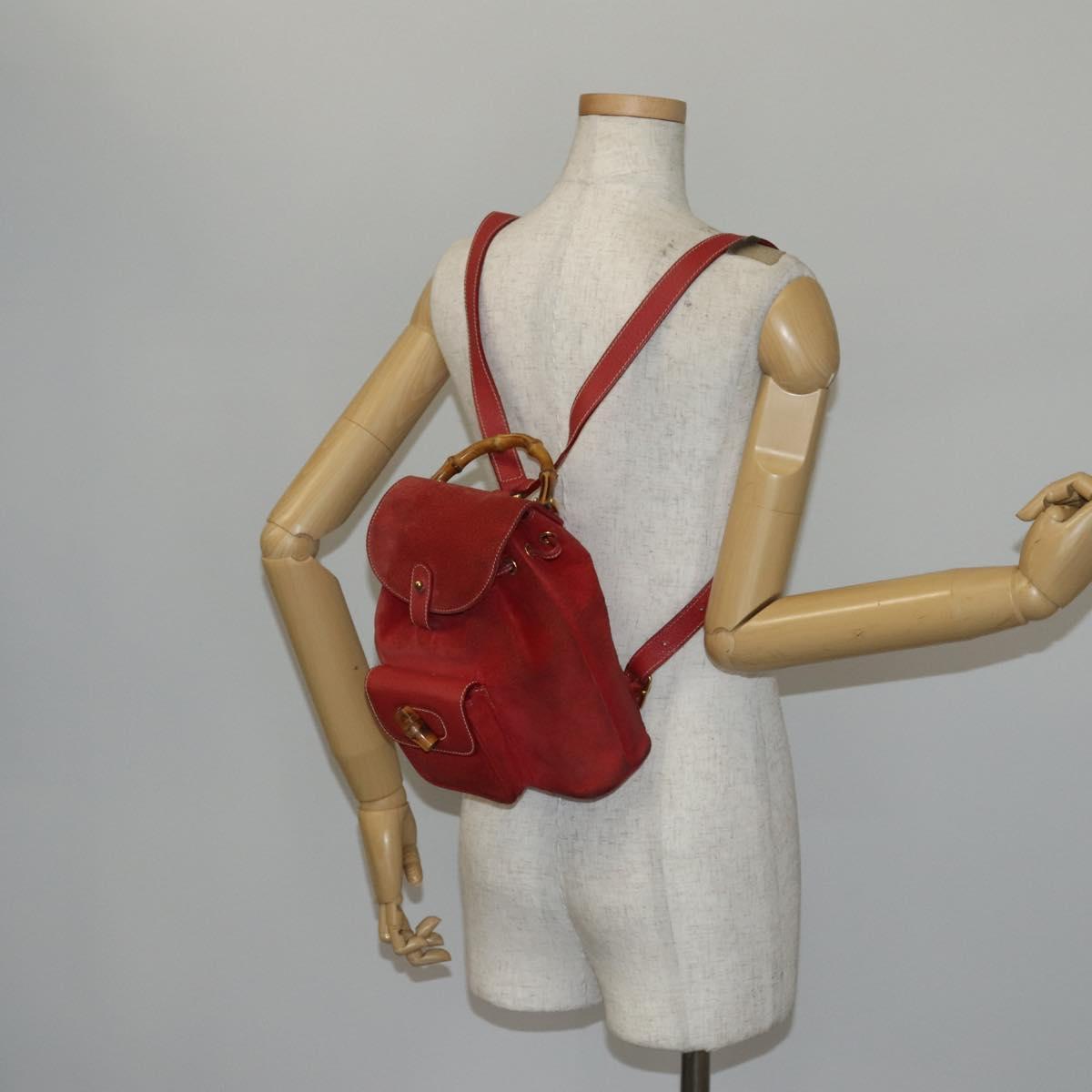 GUCCI Bamboo Backpack Suede Red Gold 003 2058 0030 Auth th6356