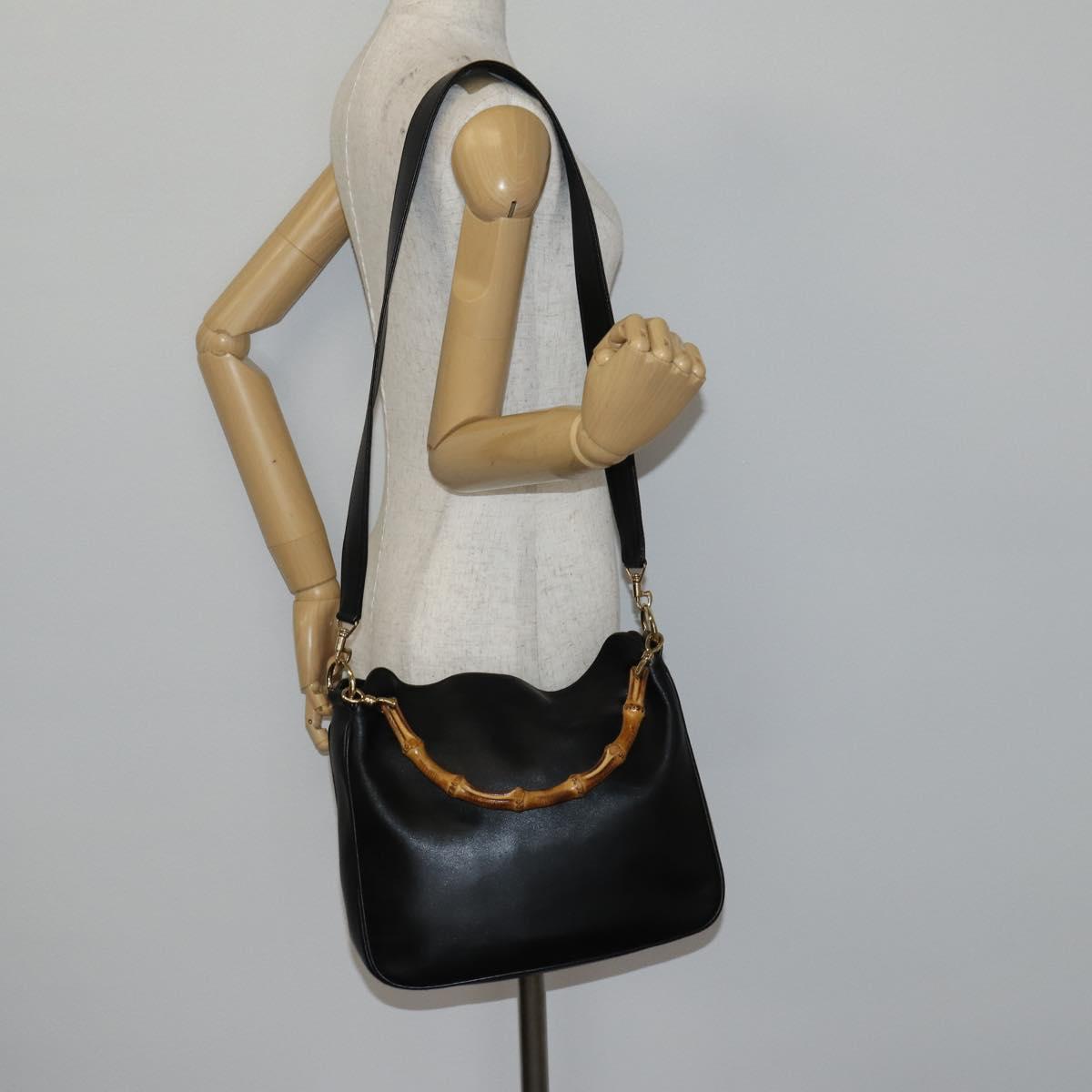 GUCCI Bamboo Hand Bag Leather 2way Black Gold 001 1638 Auth th6357