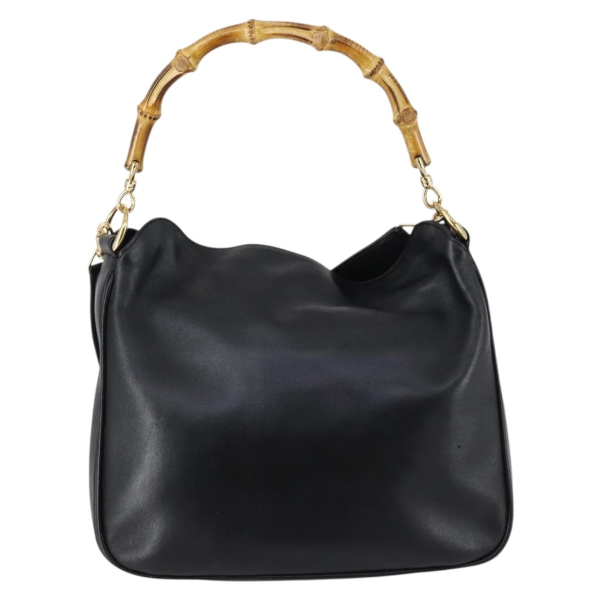 GUCCI Bamboo Hand Bag Leather 2way Black Gold 001 1638 Auth th6357