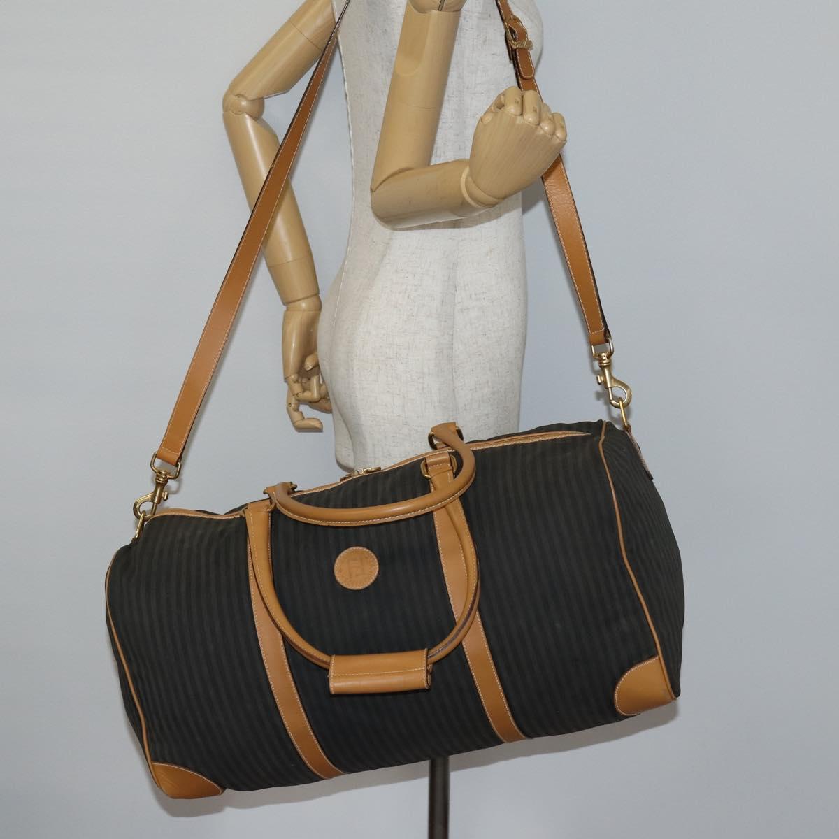 FENDI Pecan Canvas Boston Bag Coated Canvas 2way Black Brown Auth th6359