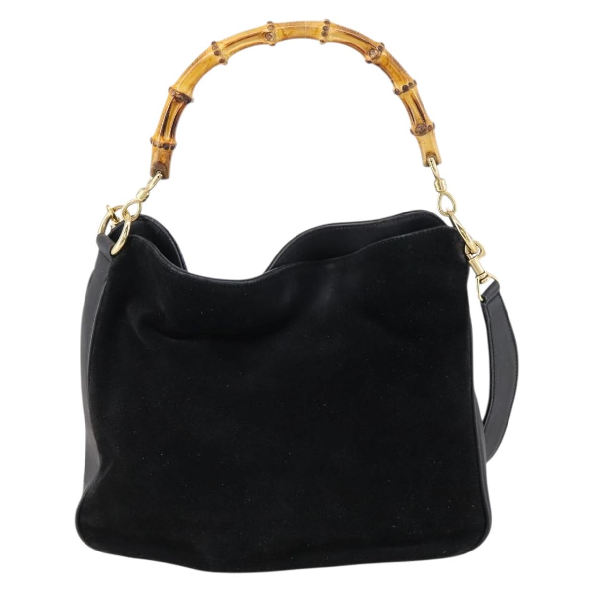 GUCCI Bamboo Hand Bag Suede Leather 2way Black Gold 001 3444 1638 Auth th6369