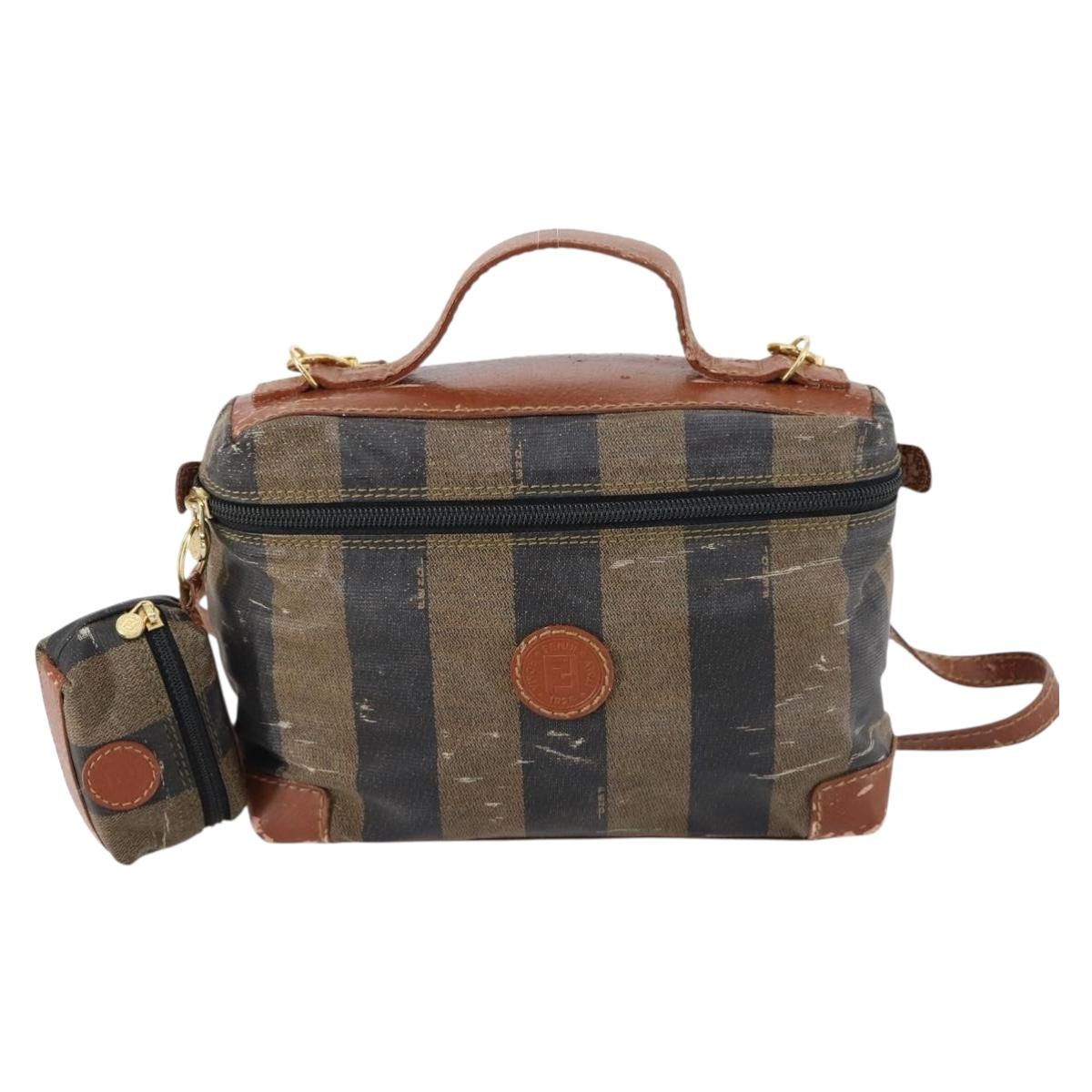 FENDI Pecan Canvas Hand Bag PVC 2way Black Brown Auth th6378