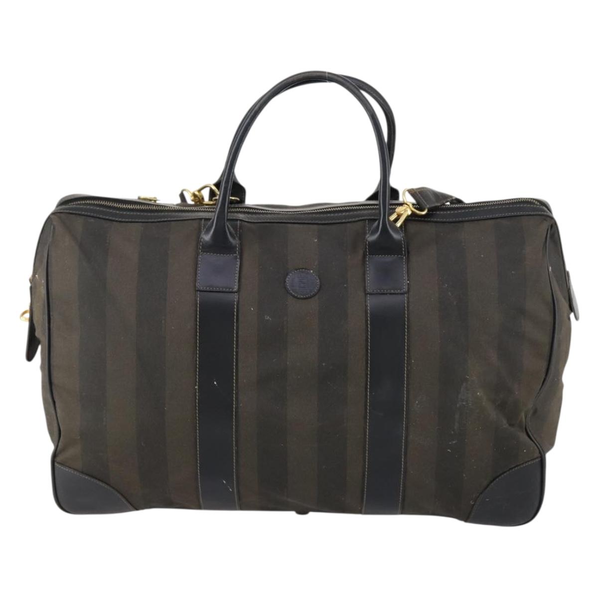 FENDI Pecan Canvas Boston Bag PVC 2way Black Brown gold Auth th6392