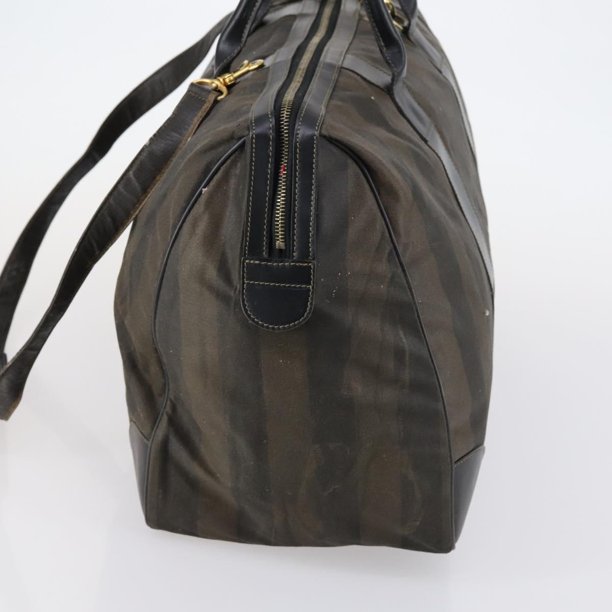 FENDI Pecan Canvas Boston Bag PVC 2way Black Brown gold Auth th6392