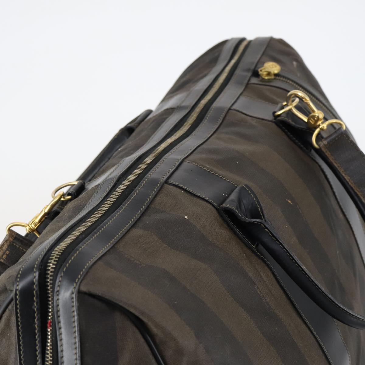 FENDI Pecan Canvas Boston Bag PVC 2way Black Brown gold Auth th6392