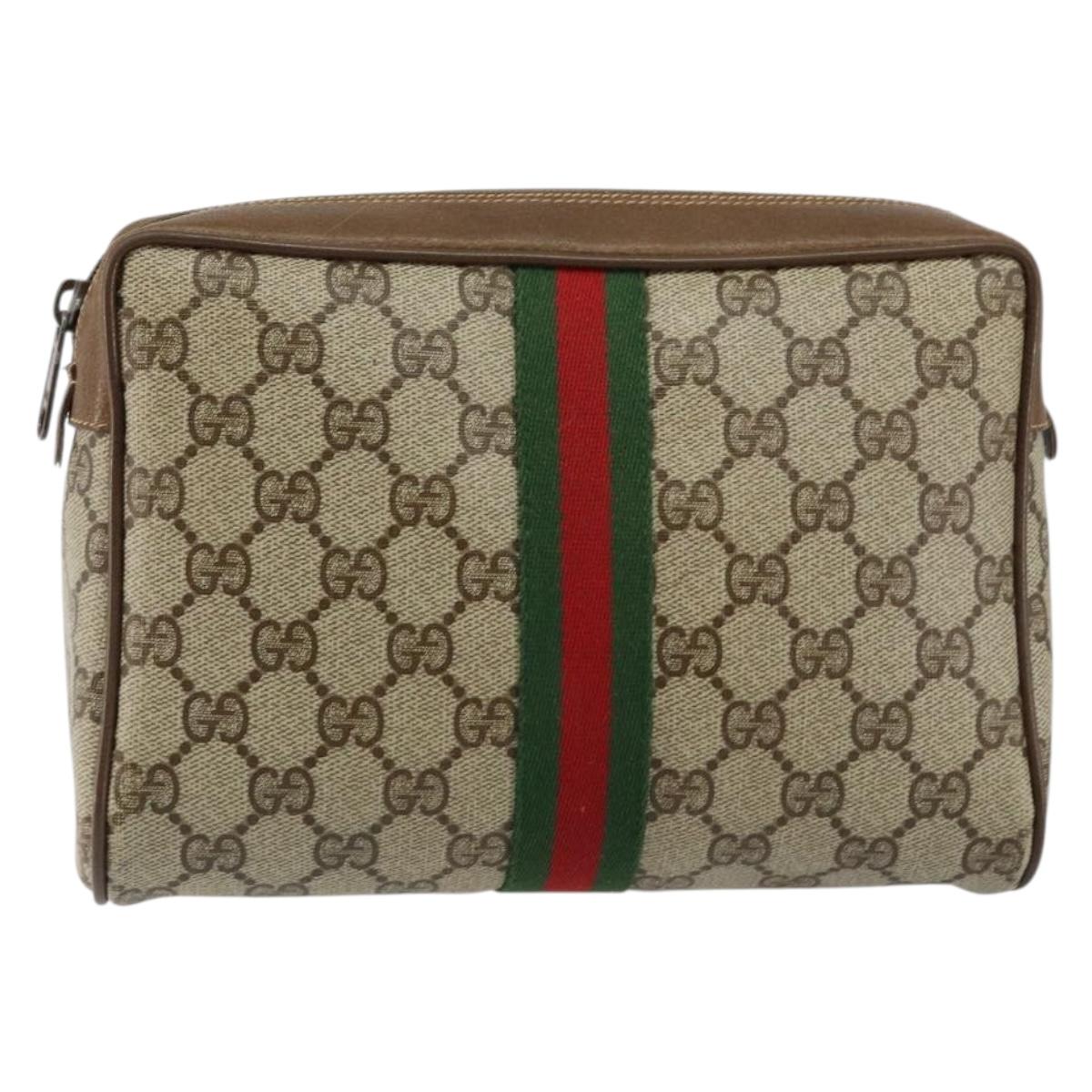 GUCCI GG Canvas Web Sherry Line Clutch Bag PVC Leather Beige Green Auth th6400