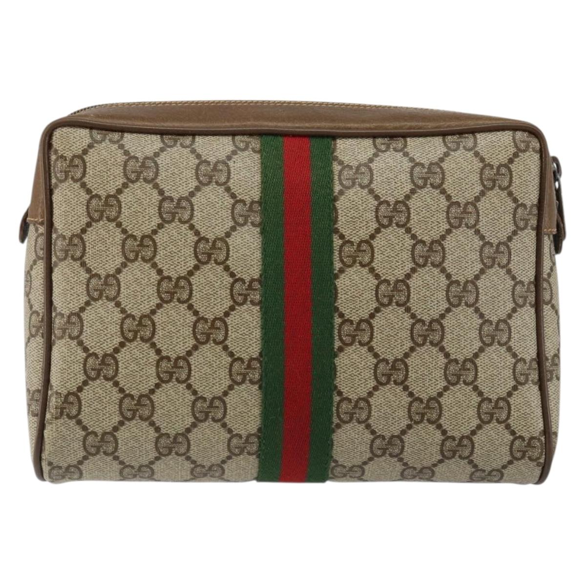 GUCCI GG Canvas Web Sherry Line Clutch Bag PVC Leather Beige Green Auth th6400