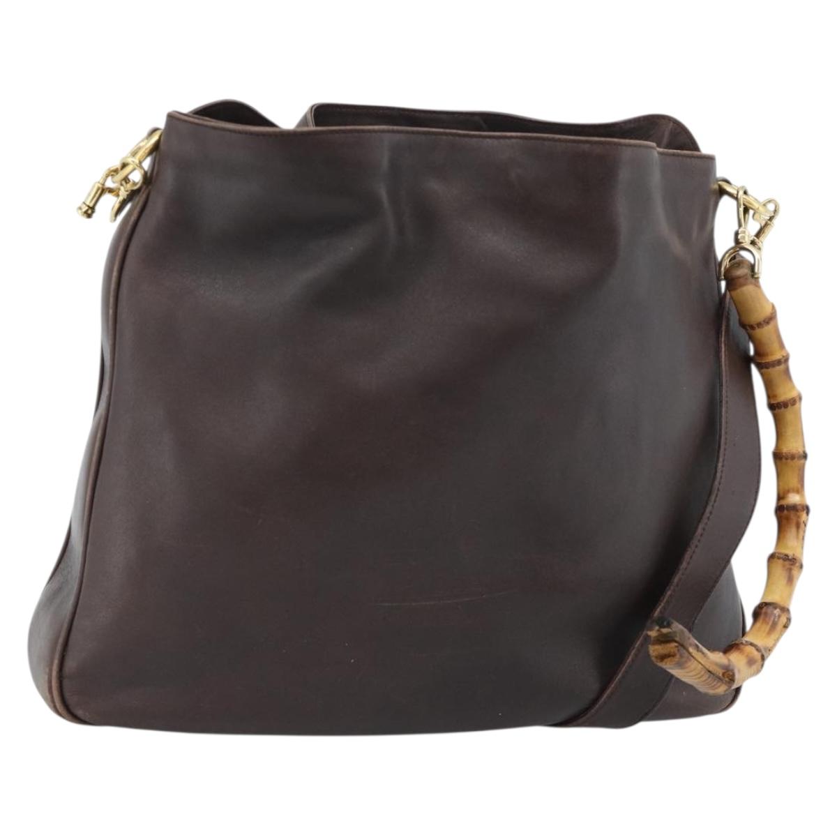 GUCCI Bamboo Shoulder Bag Leather 2way Brown Gold Auth th6404