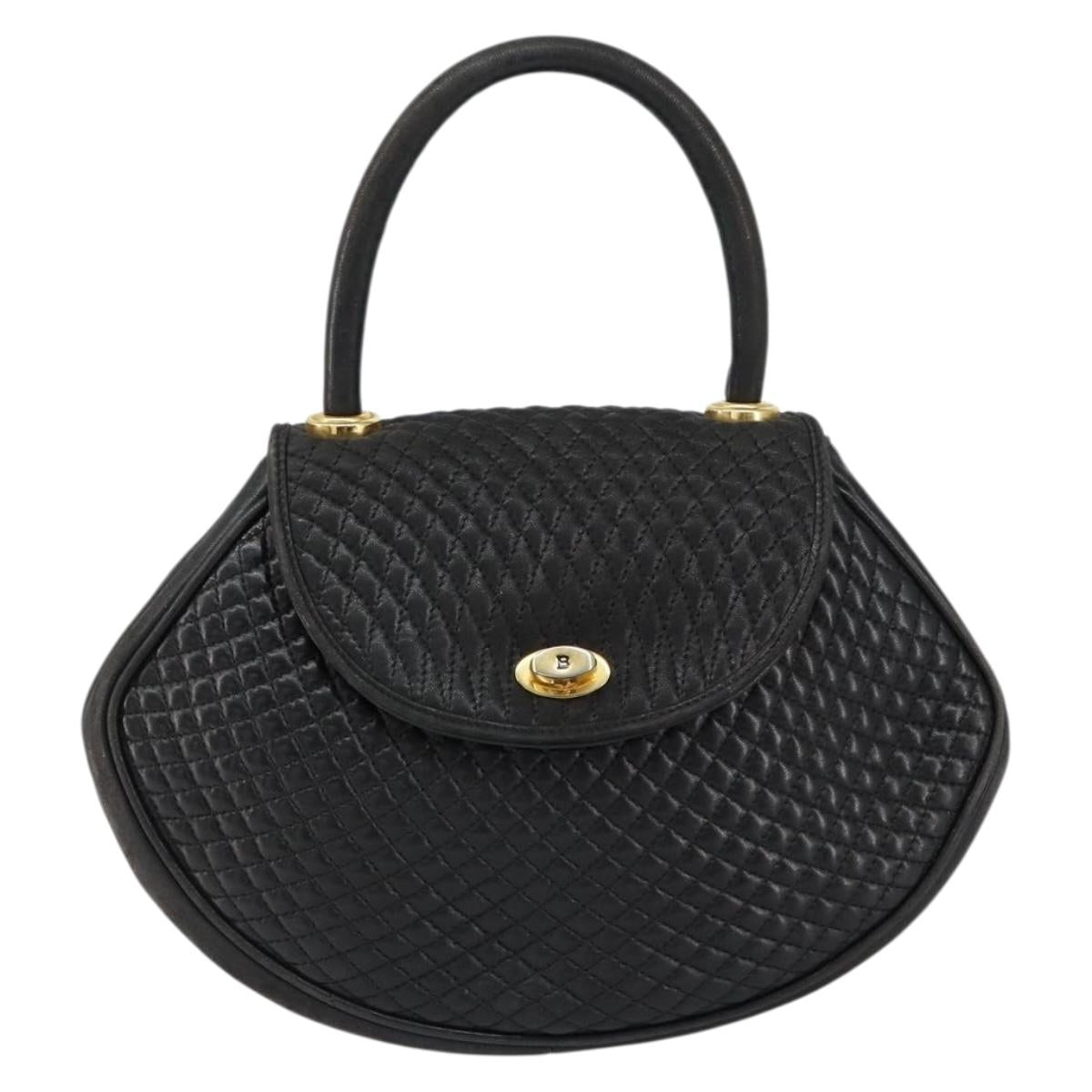 BALLY Quilted Hand Bag Leather Gold Black Auth th6456