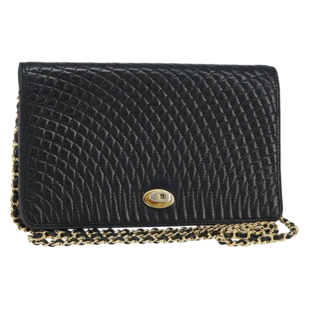 BALLY Quilted Chain Shoulder Bag Leather Black Gold Auth th6489