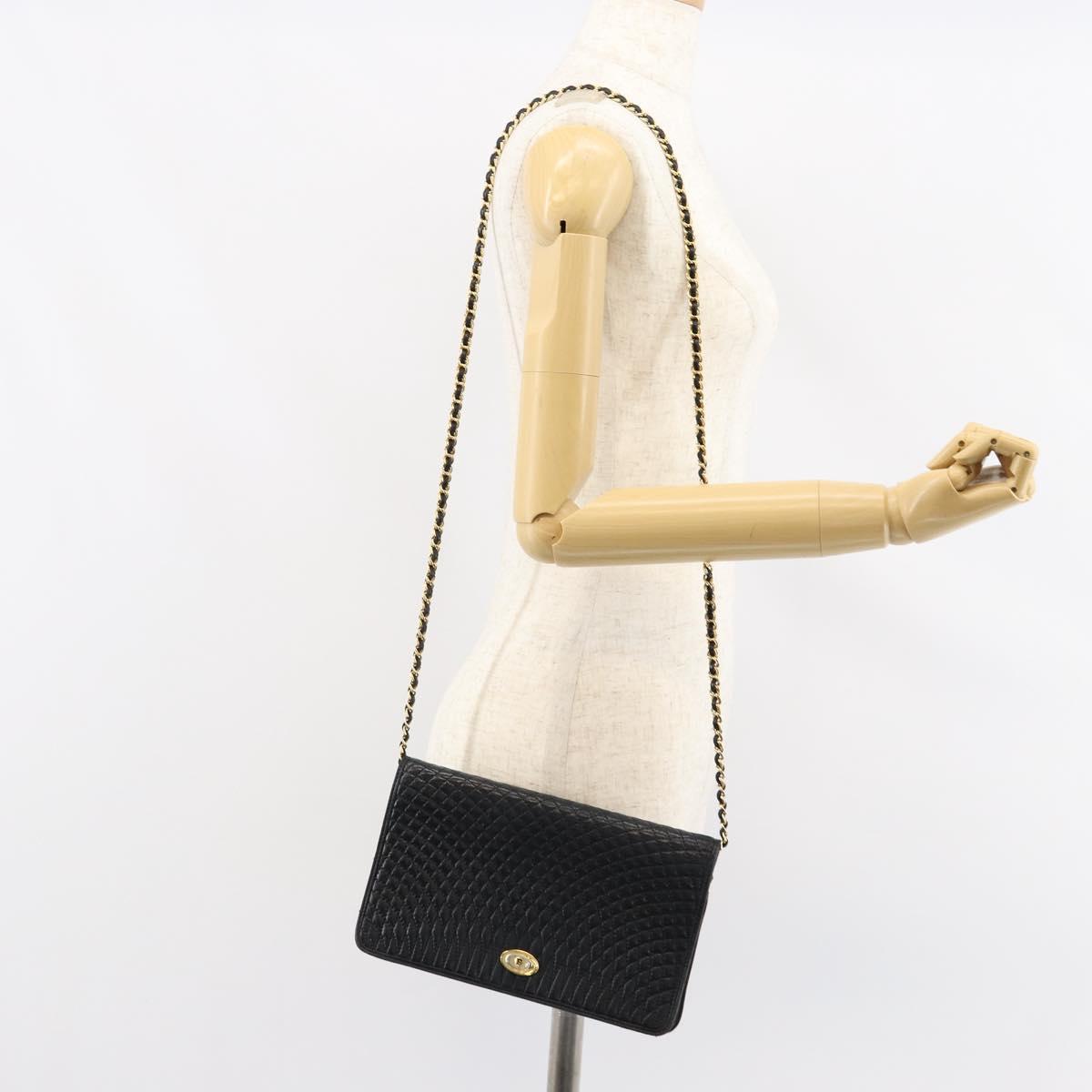 BALLY Quilted Chain Shoulder Bag Leather Black Gold Auth th6489
