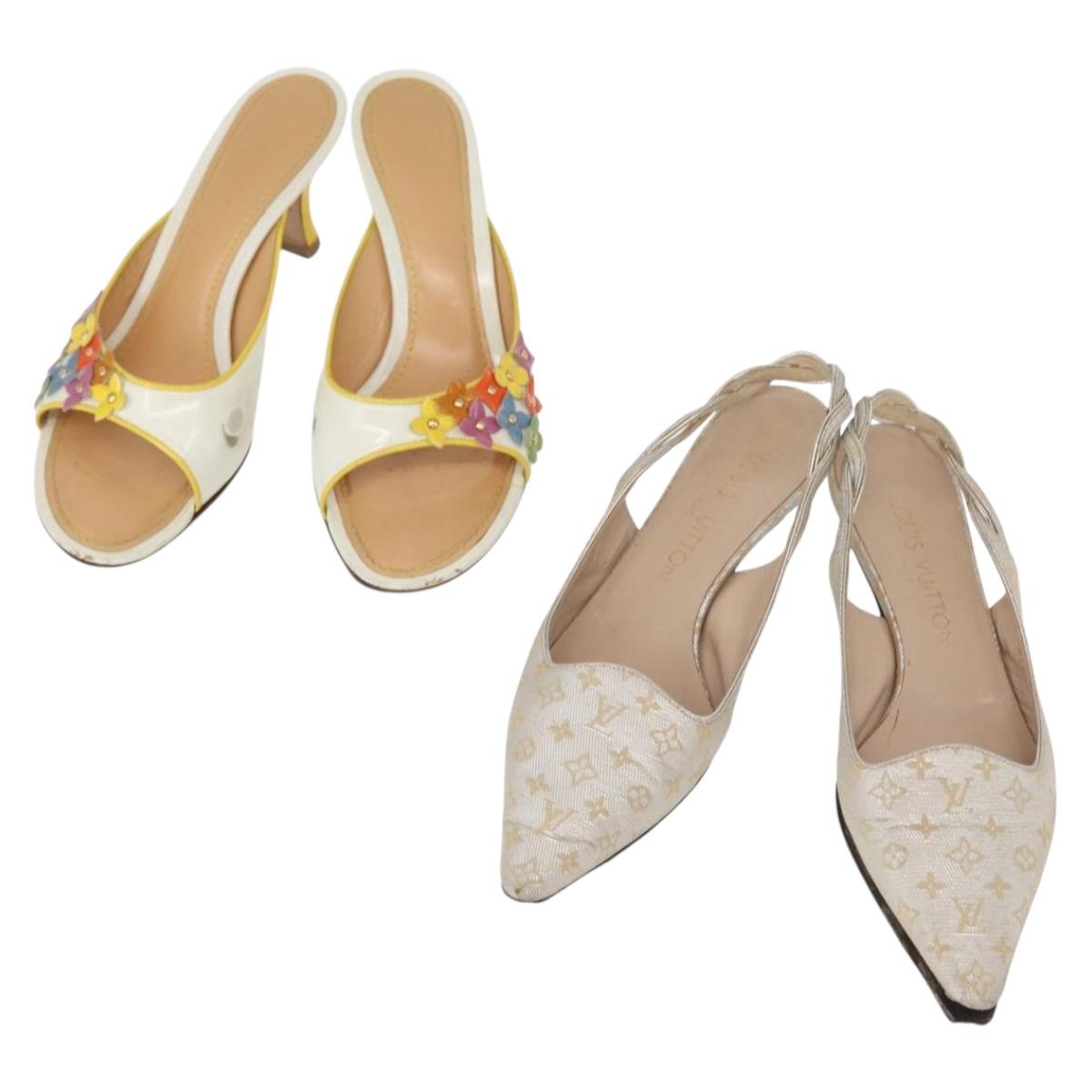 LOUIS VUITTON Shoes Leather Canvas 2 Set Silver White LV Auth th6500