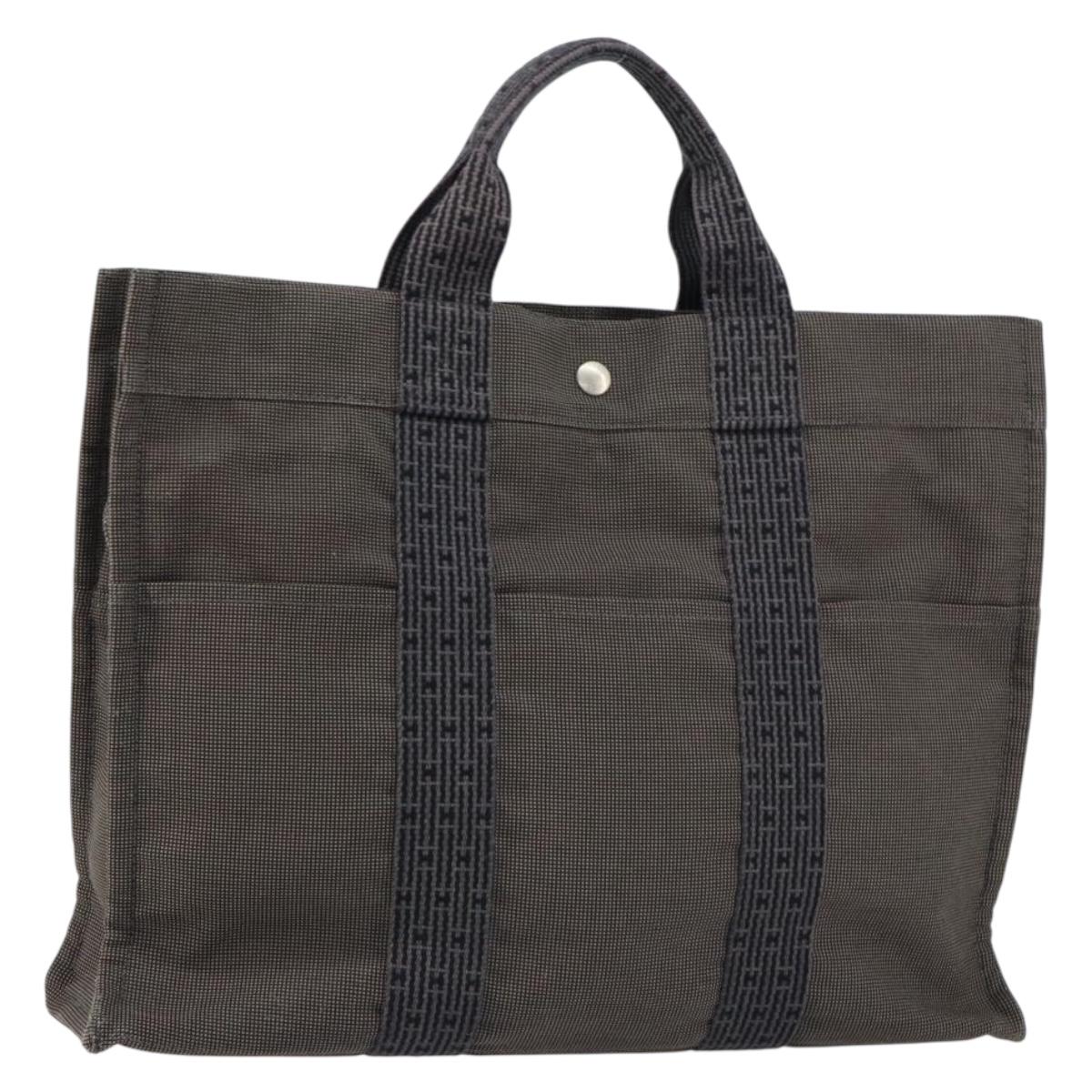 HERMES Her Line MM Hand Bag Canvas Gray Silver Auth th6523