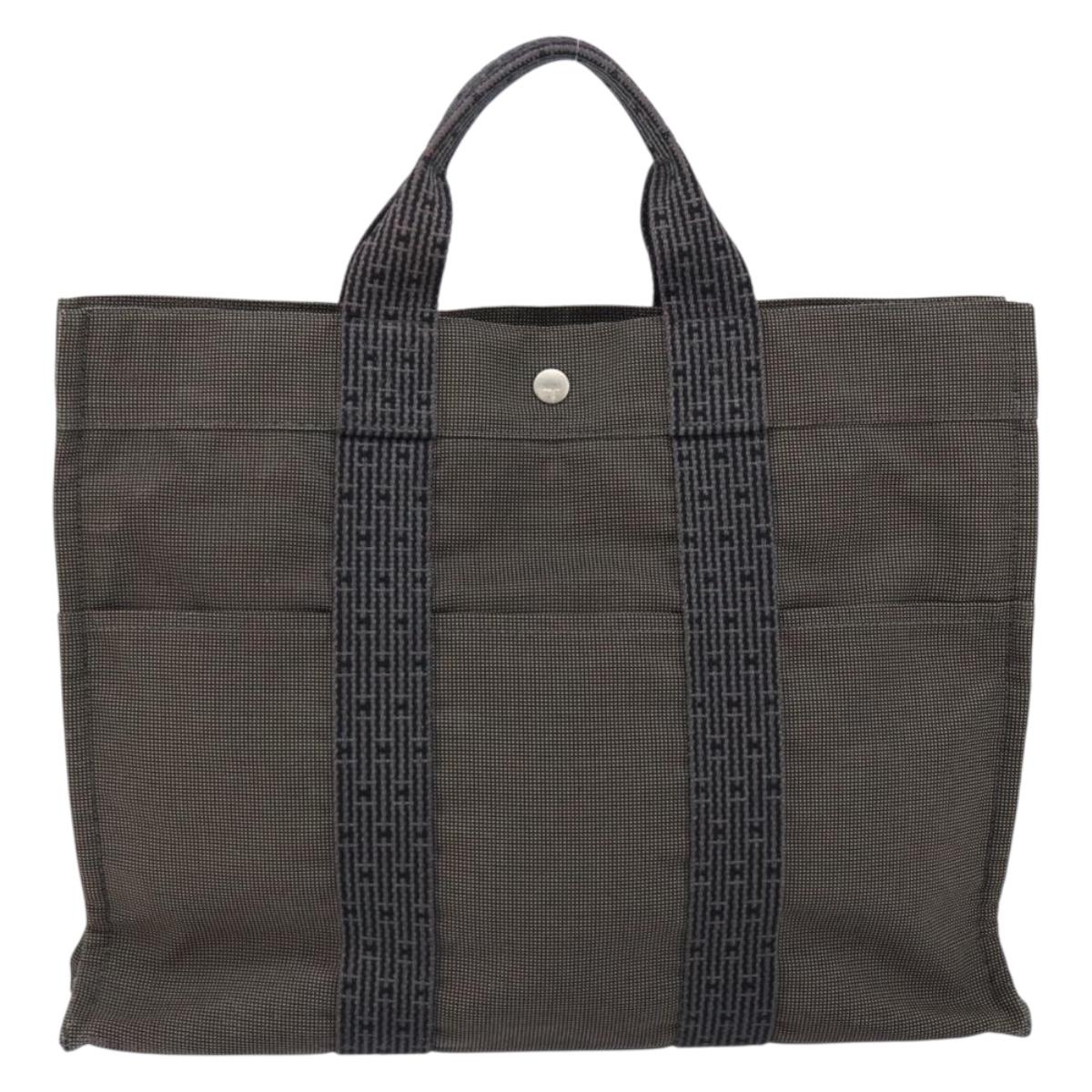 HERMES Her Line MM Hand Bag Canvas Gray Silver Auth th6523