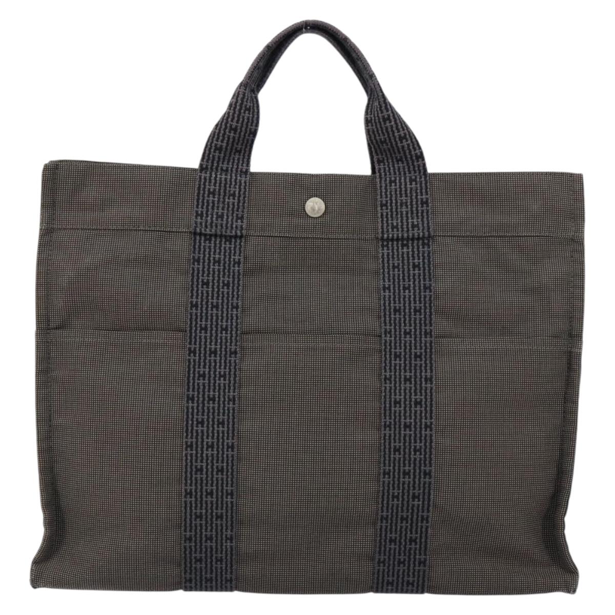 HERMES Her Line MM Hand Bag Canvas Gray Silver Auth th6523