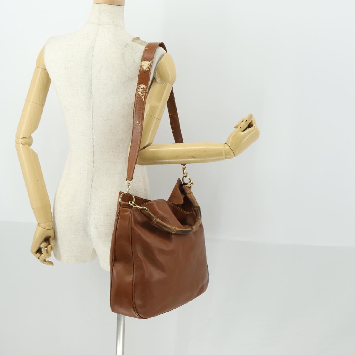 GUCCI Bamboo Shoulder Bag Leather 2way Brown Gold 001 1781 1577 Auth th6578