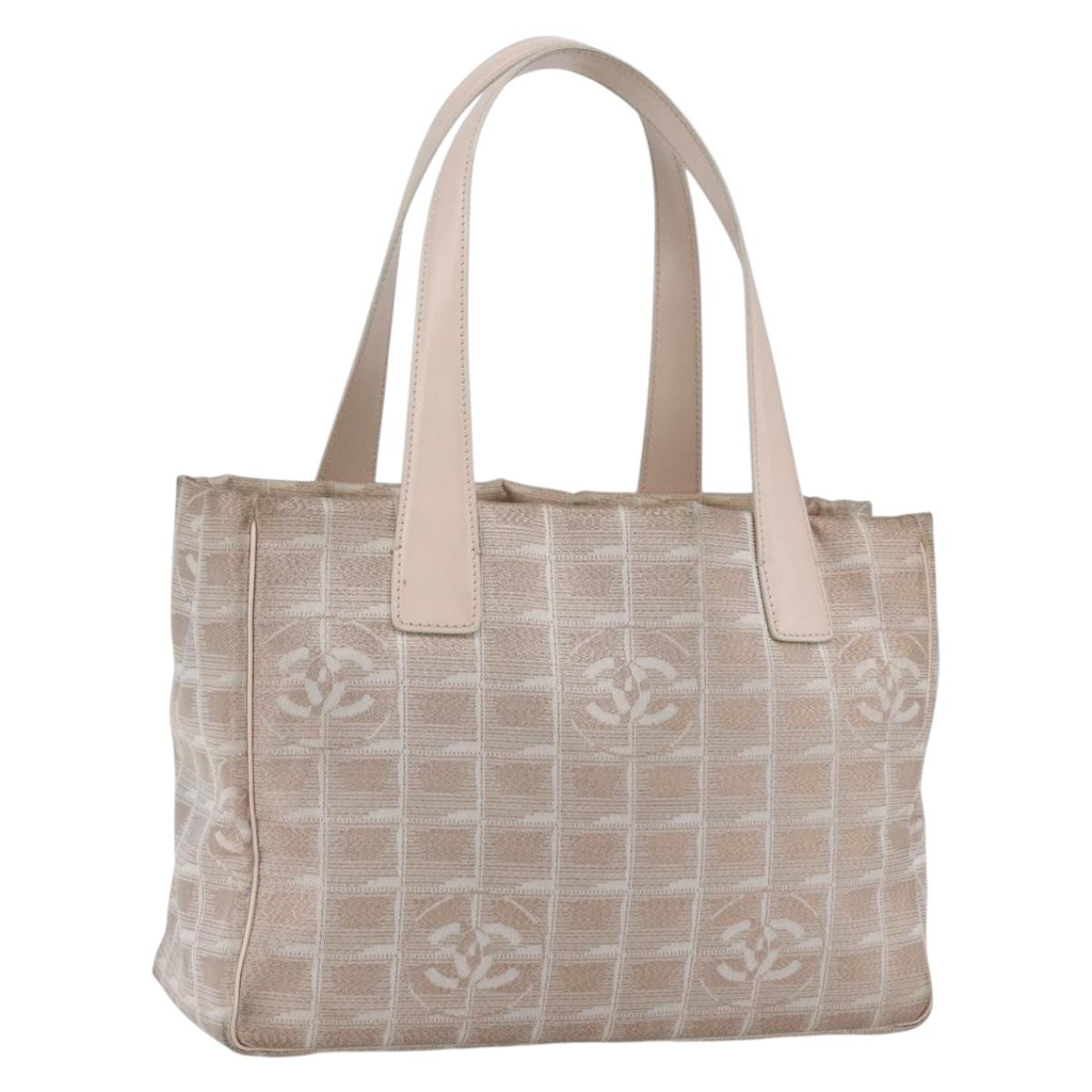 CHANEL New Travel Line Tote Bag Nylon Beige Silver CC Auth th6582