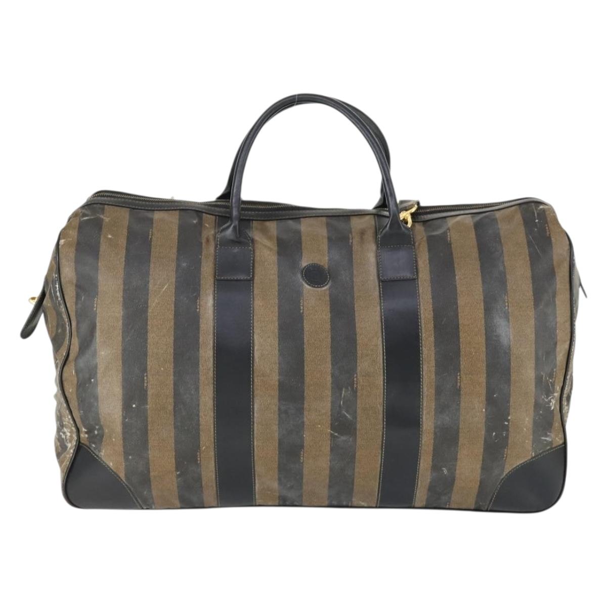 FENDI Pecan Canvas Boston Bag Nylon 2way Black Brown gold Auth th6585