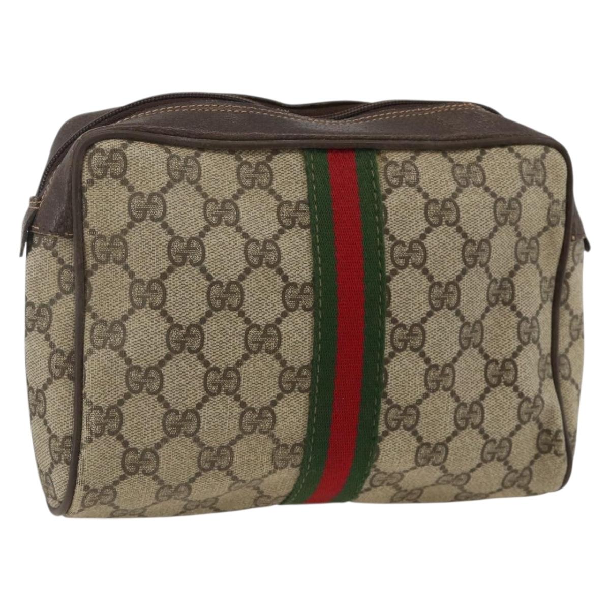GUCCI GG Supreme Web Sherry Line Clutch Bag PVC Beige Gold Auth th6643
