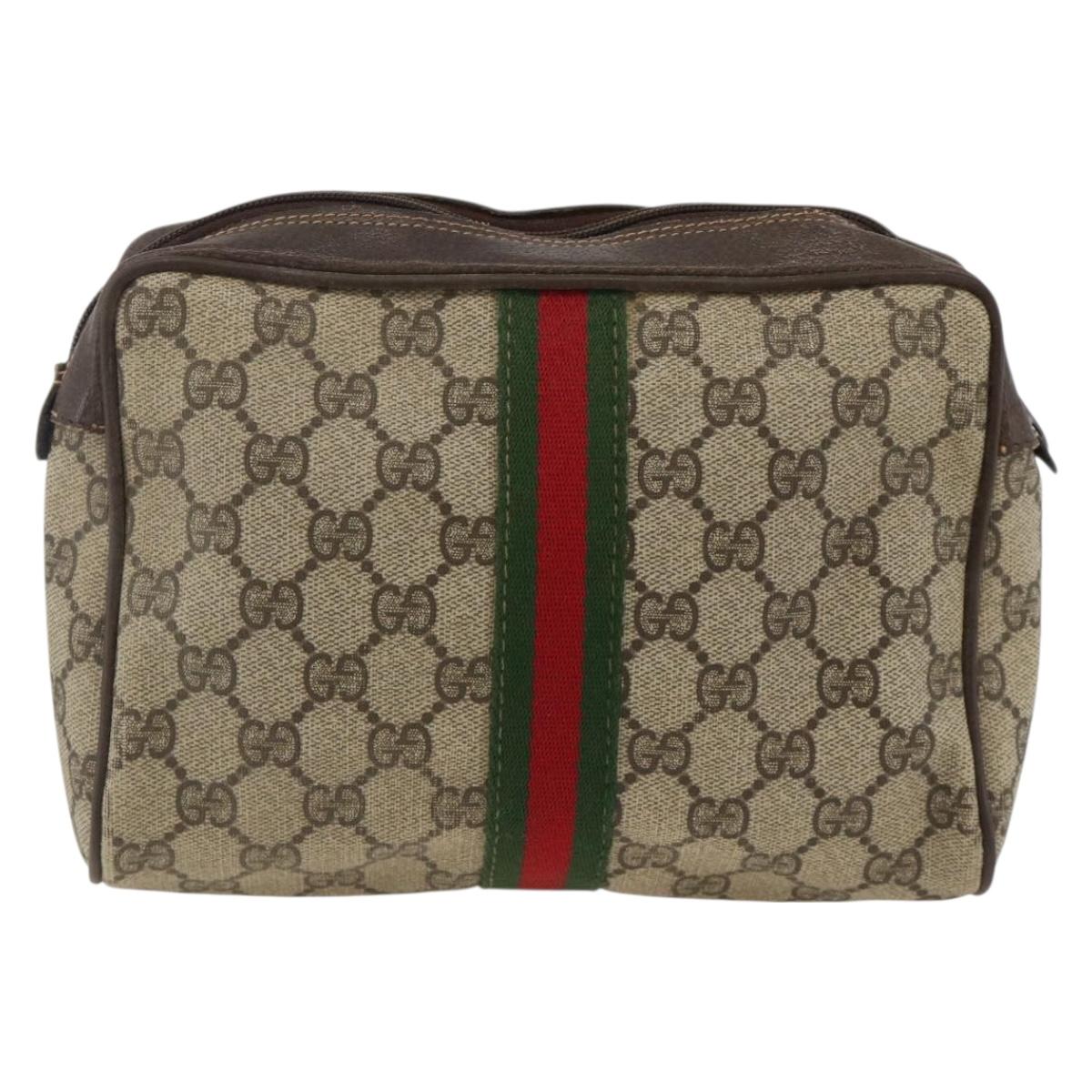 GUCCI GG Supreme Web Sherry Line Clutch Bag PVC Beige Gold Auth th6643