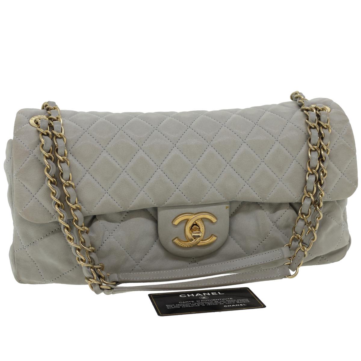 CHANEL Lamb Skin Matelasse Double Chain Shoulder Bag Gray CC Auth am1097gV